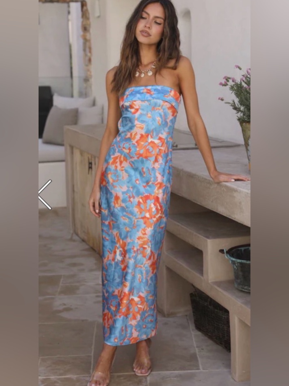 Fortunate One Blue Orange Floral Print Strapless Maxi Dress XL